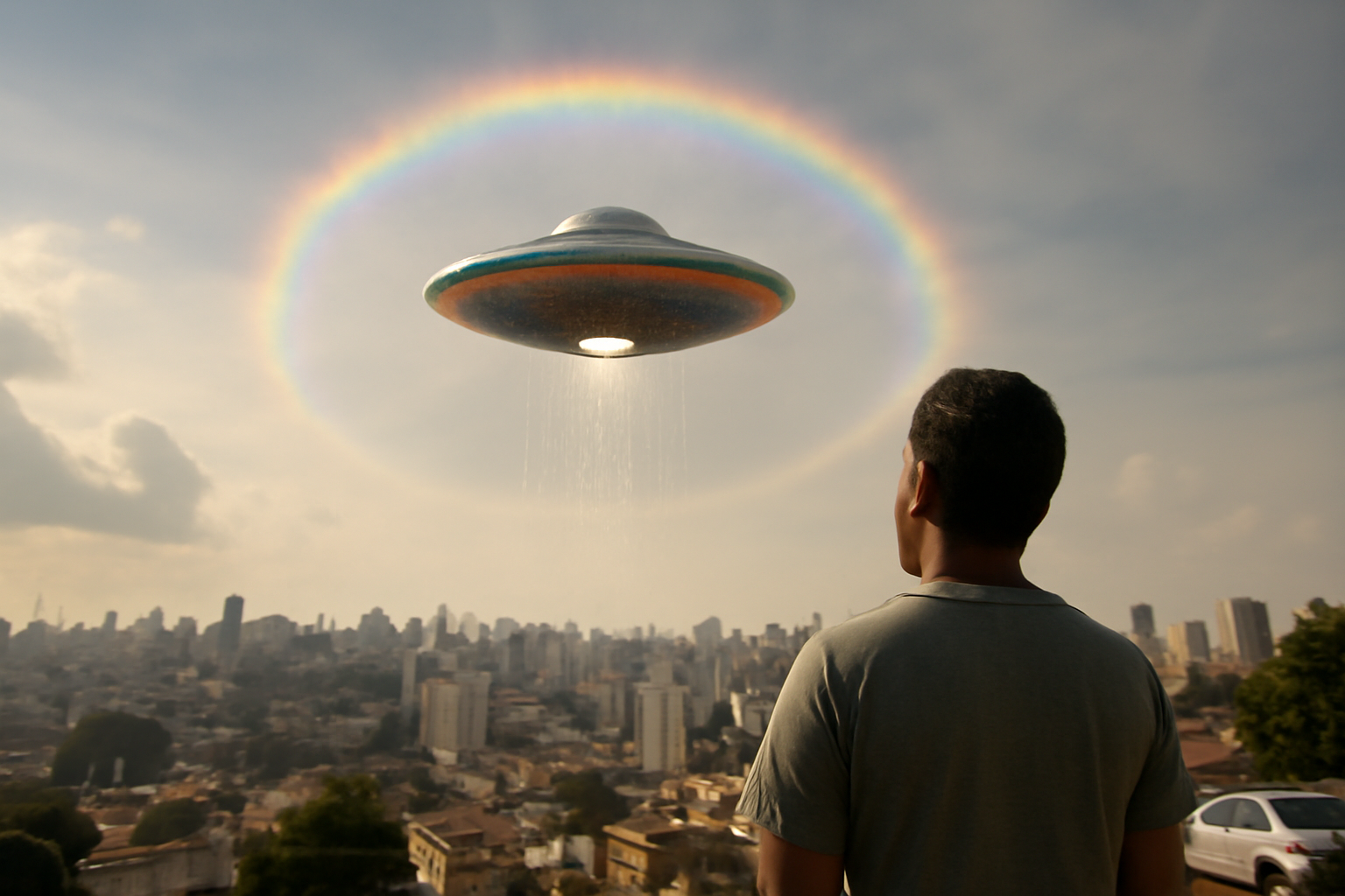 南米の都市上空に現れたUFO、虹のフチと雨粒の謎