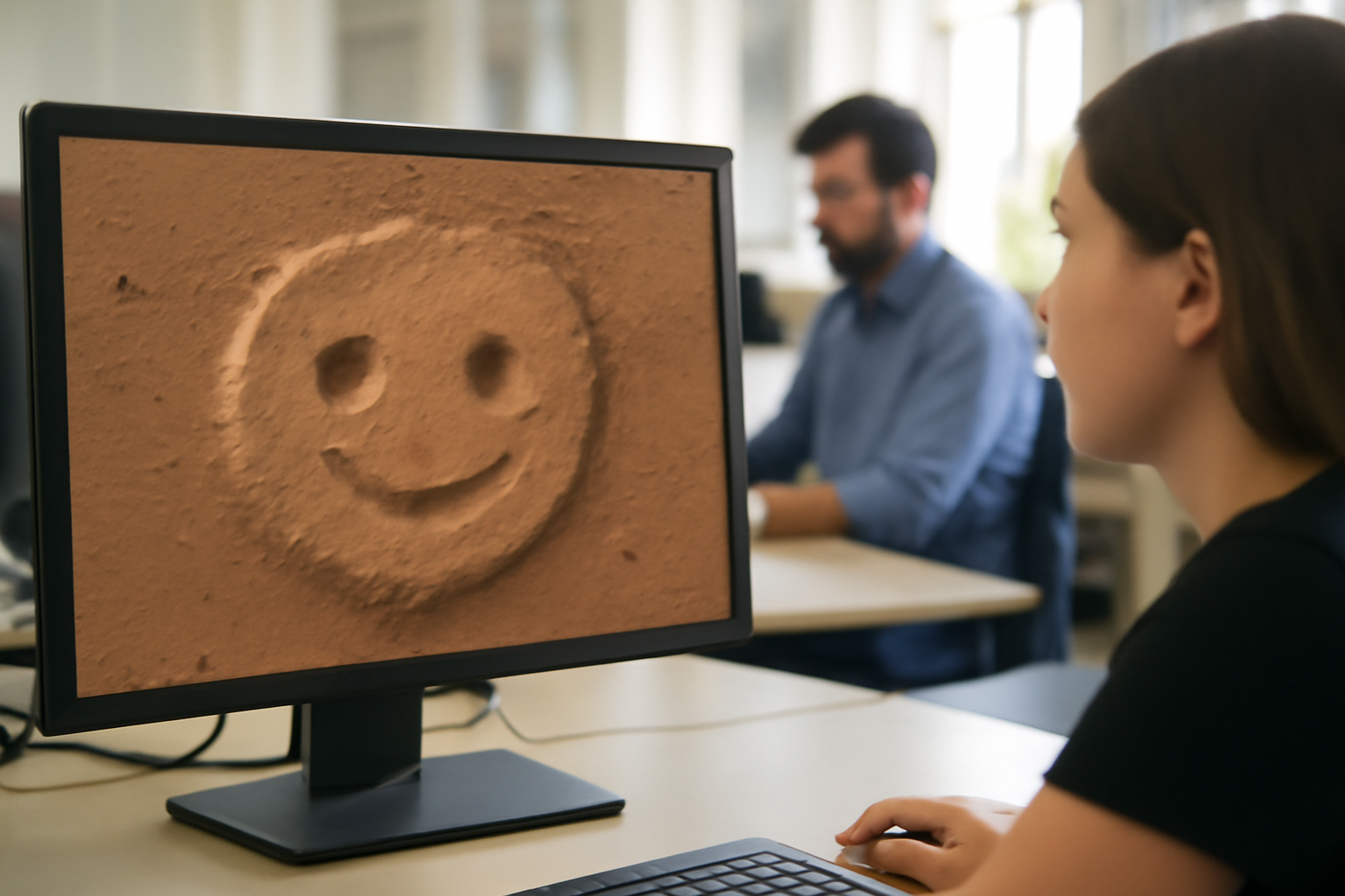火星に現れた「ハッピーフェイス」クレーター、その正体はぬいぐるみ似？