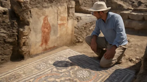 トルコ西部の古代都市遺跡で初の壁画発見、足元のモザイクが語り出す静かな物語