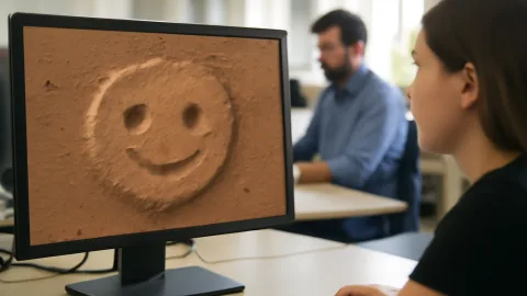 火星に現れた「ハッピーフェイス」クレーター、その正体はぬいぐるみ似？